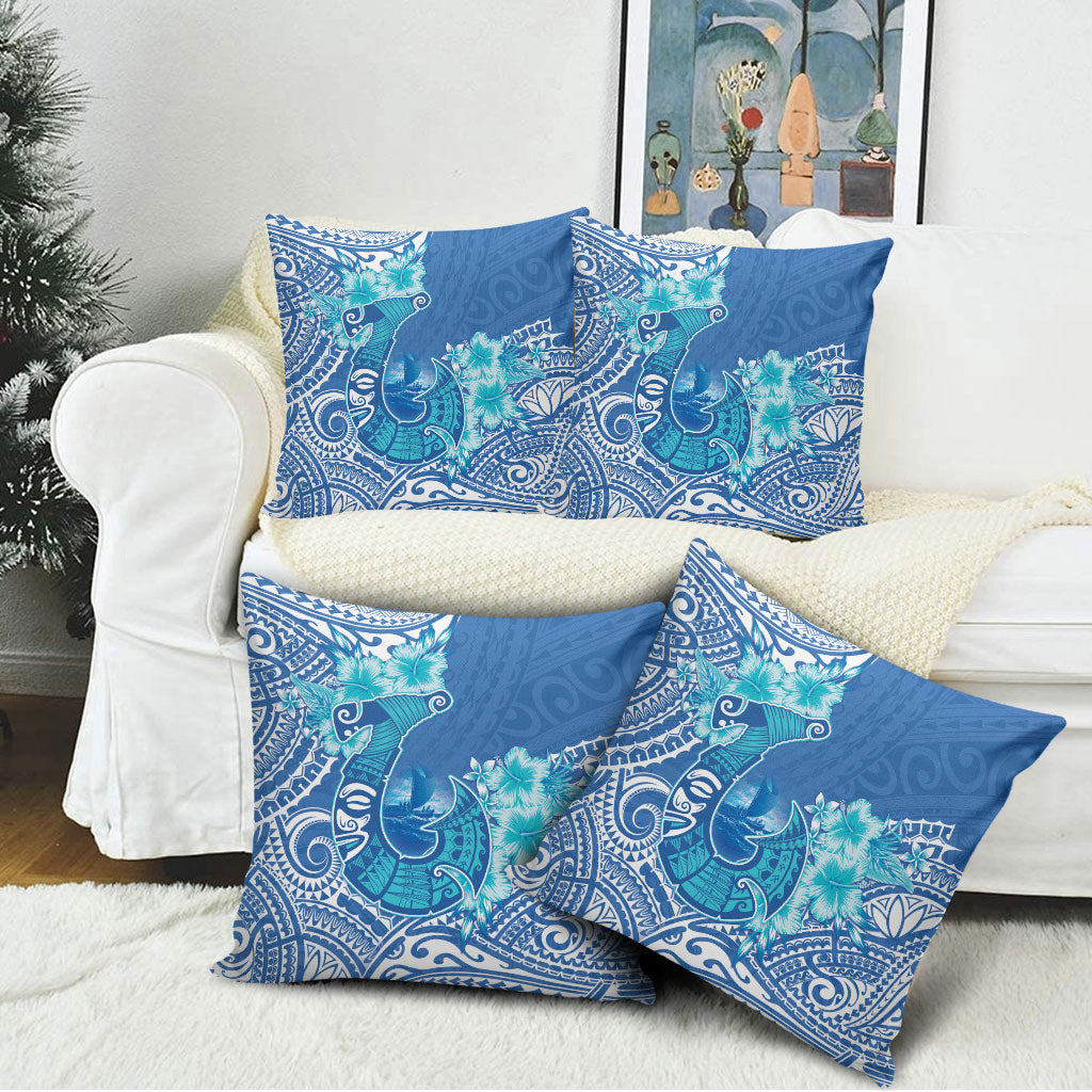 Hawaii Discoverers Day Pillow Cover Polynesian Fish Hook With Hibiscus Blue