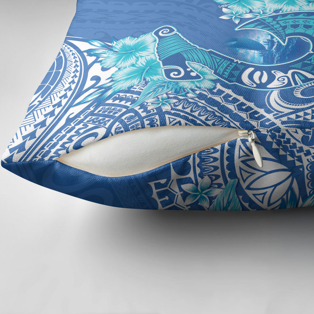 Hawaii Discoverers Day Pillow Cover Polynesian Fish Hook With Hibiscus Blue