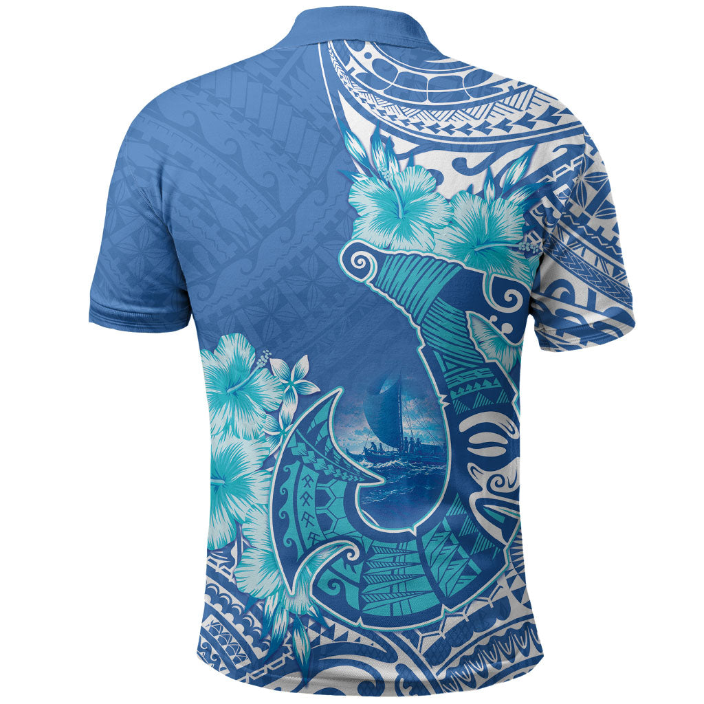 Hawaii Discoverers Day Polo Shirt Polynesian Fish Hook With Hibiscus Blue