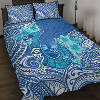 Hawaii Discoverers Day Quilt Bed Set Polynesian Fish Hook With Hibiscus Blue