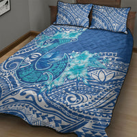 Hawaii Discoverers Day Quilt Bed Set Polynesian Fish Hook With Hibiscus Blue