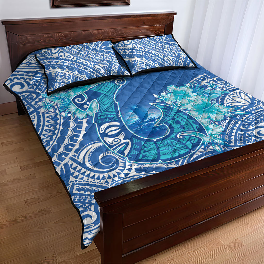 Hawaii Discoverers Day Quilt Bed Set Polynesian Fish Hook With Hibiscus Blue