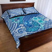 Hawaii Discoverers Day Quilt Bed Set Polynesian Fish Hook With Hibiscus Blue