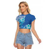 Hawaii Discoverers Day Raglan Cropped T Shirt Polynesian Fish Hook With Hibiscus Blue