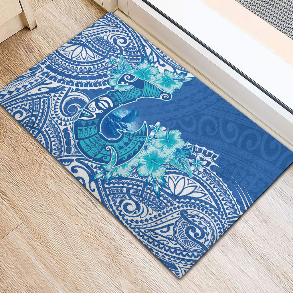 Hawaii Discoverers Day Rubber Doormat Polynesian Fish Hook With Hibiscus Blue