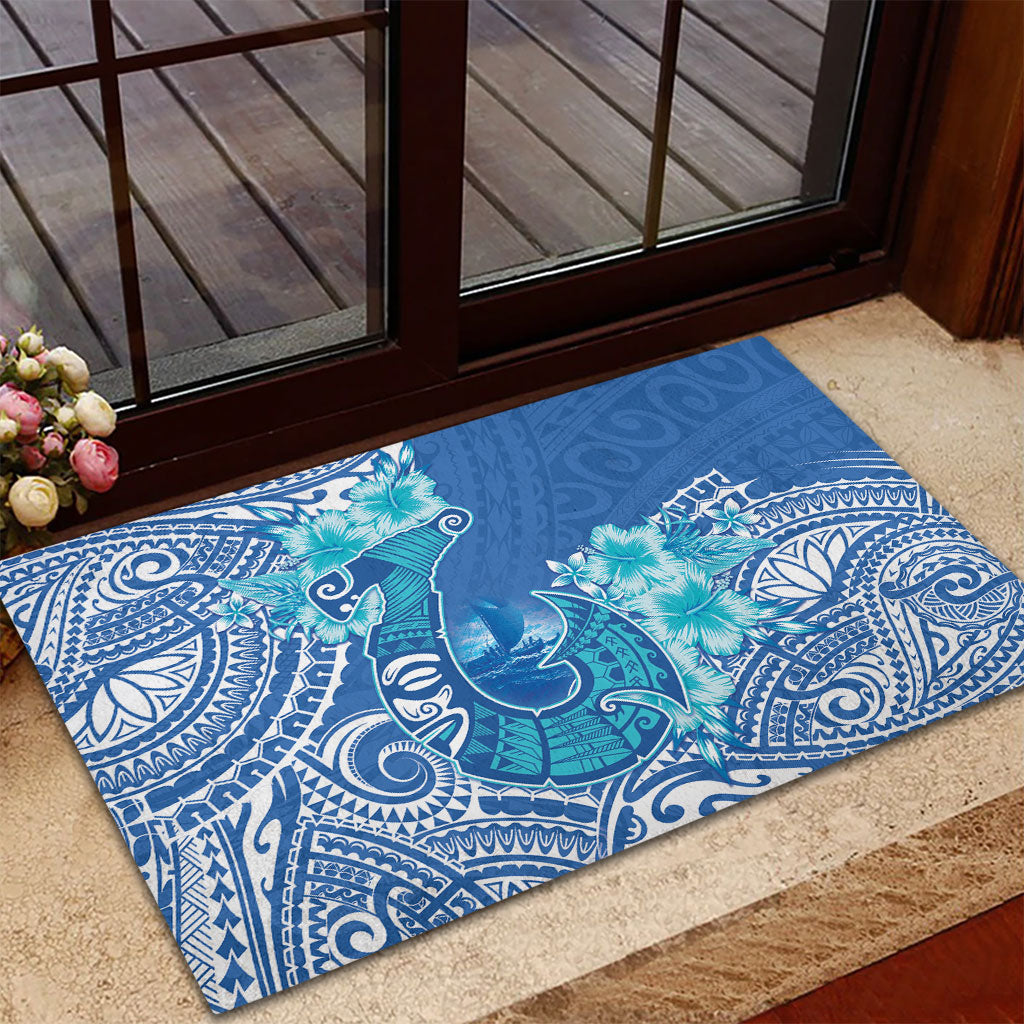 Hawaii Discoverers Day Rubber Doormat Polynesian Fish Hook With Hibiscus Blue