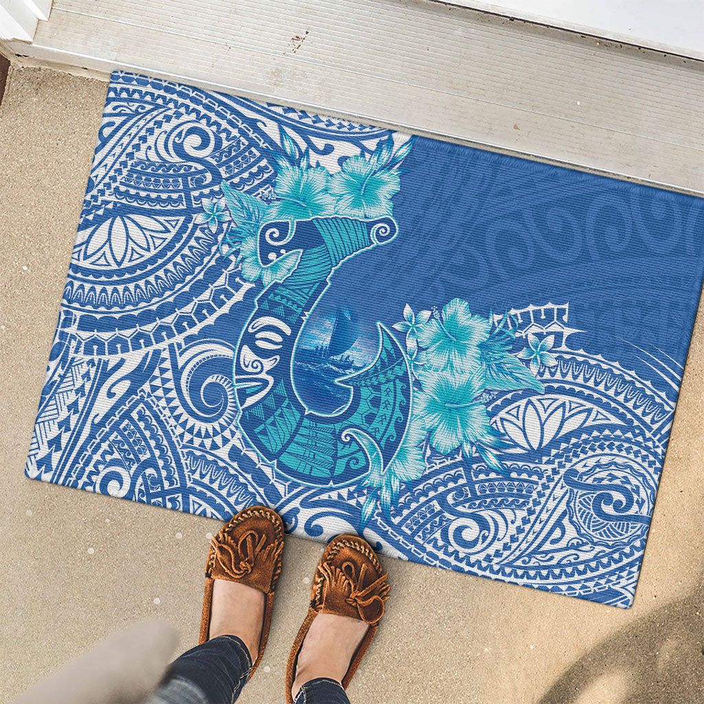 Hawaii Discoverers Day Rubber Doormat Polynesian Fish Hook With Hibiscus Blue
