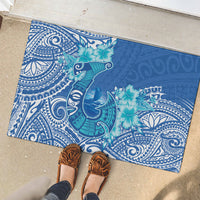 Hawaii Discoverers Day Rubber Doormat Polynesian Fish Hook With Hibiscus Blue