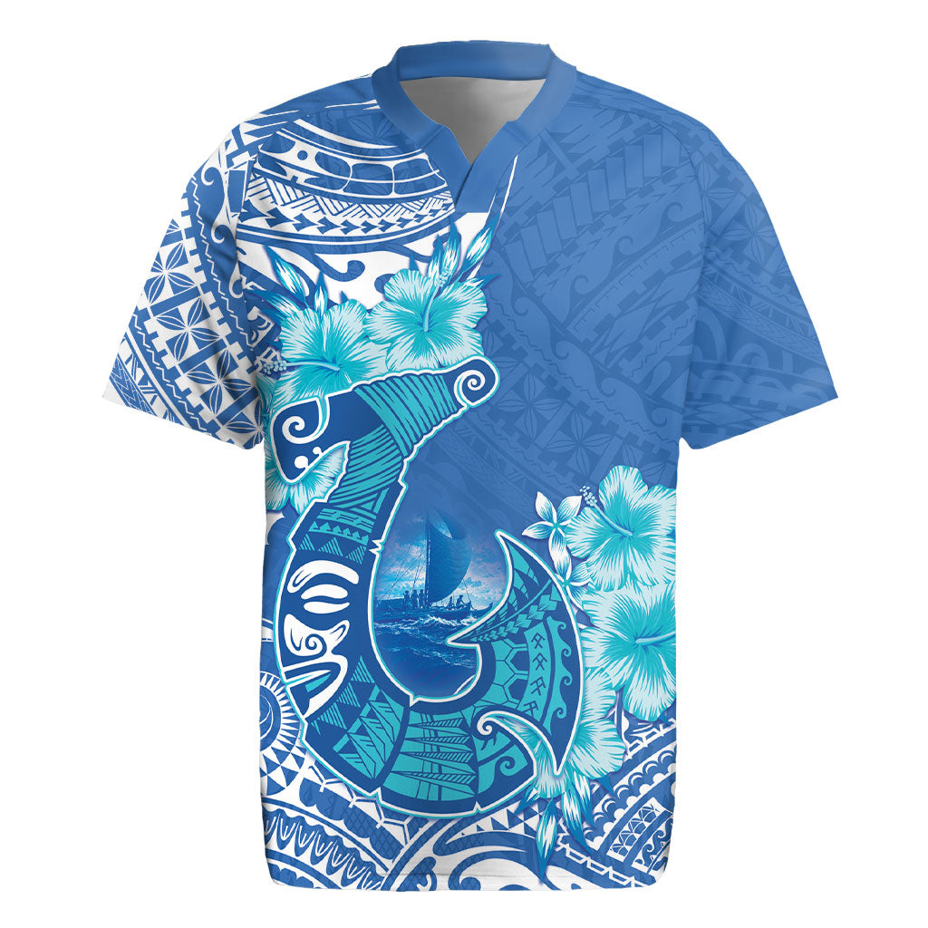 Hawaii Discoverers Day Rugby Jersey Polynesian Fish Hook With Hibiscus Blue