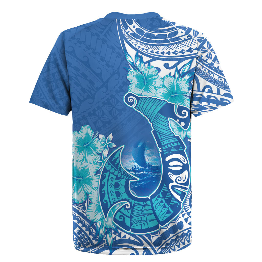 Hawaii Discoverers Day Rugby Jersey Polynesian Fish Hook With Hibiscus Blue