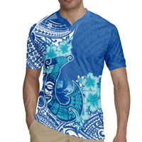 Hawaii Discoverers Day Rugby Jersey Polynesian Fish Hook With Hibiscus Blue