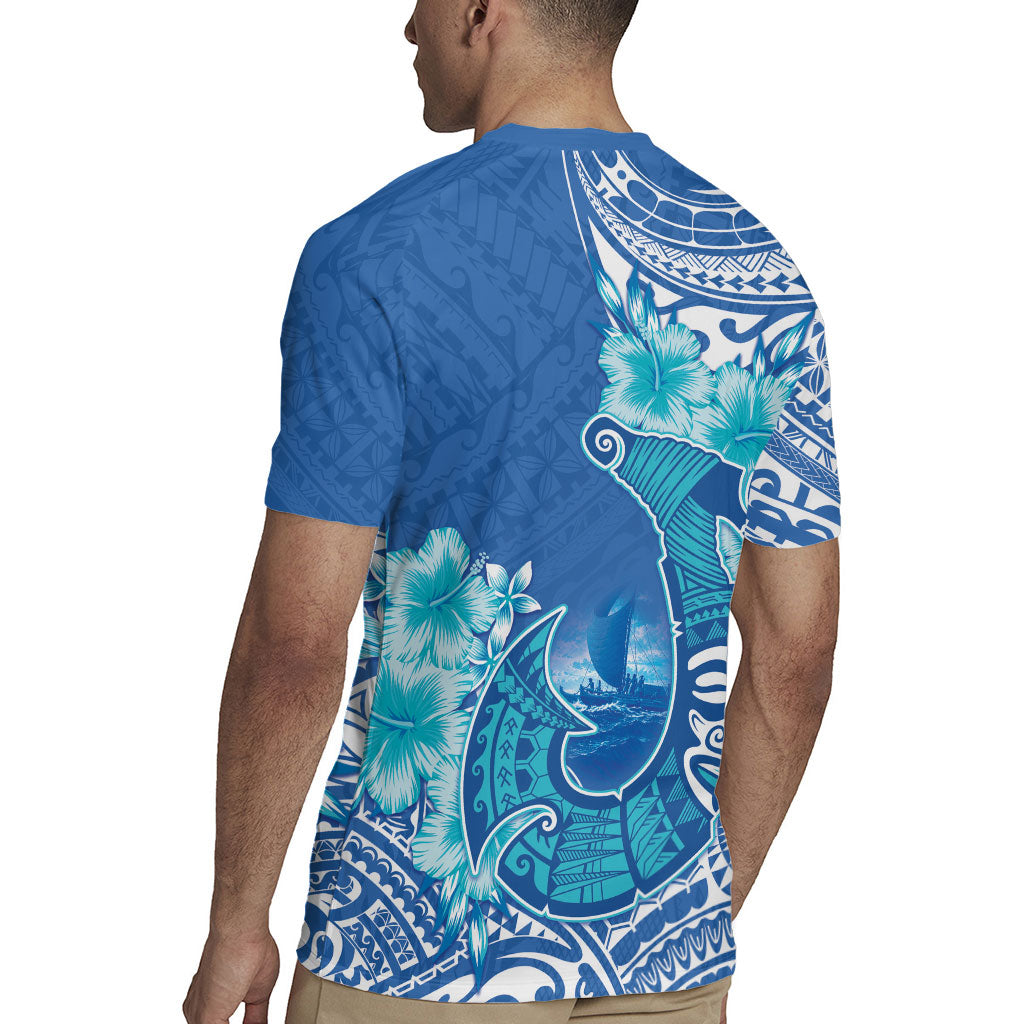 Hawaii Discoverers Day Rugby Jersey Polynesian Fish Hook With Hibiscus Blue