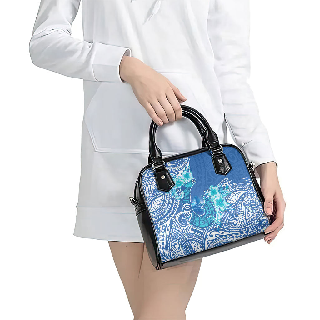 Hawaii Discoverers Day Shoulder Handbag Polynesian Fish Hook With Hibiscus Blue
