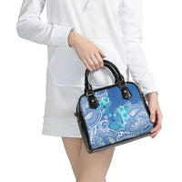 Hawaii Discoverers Day Shoulder Handbag Polynesian Fish Hook With Hibiscus Blue