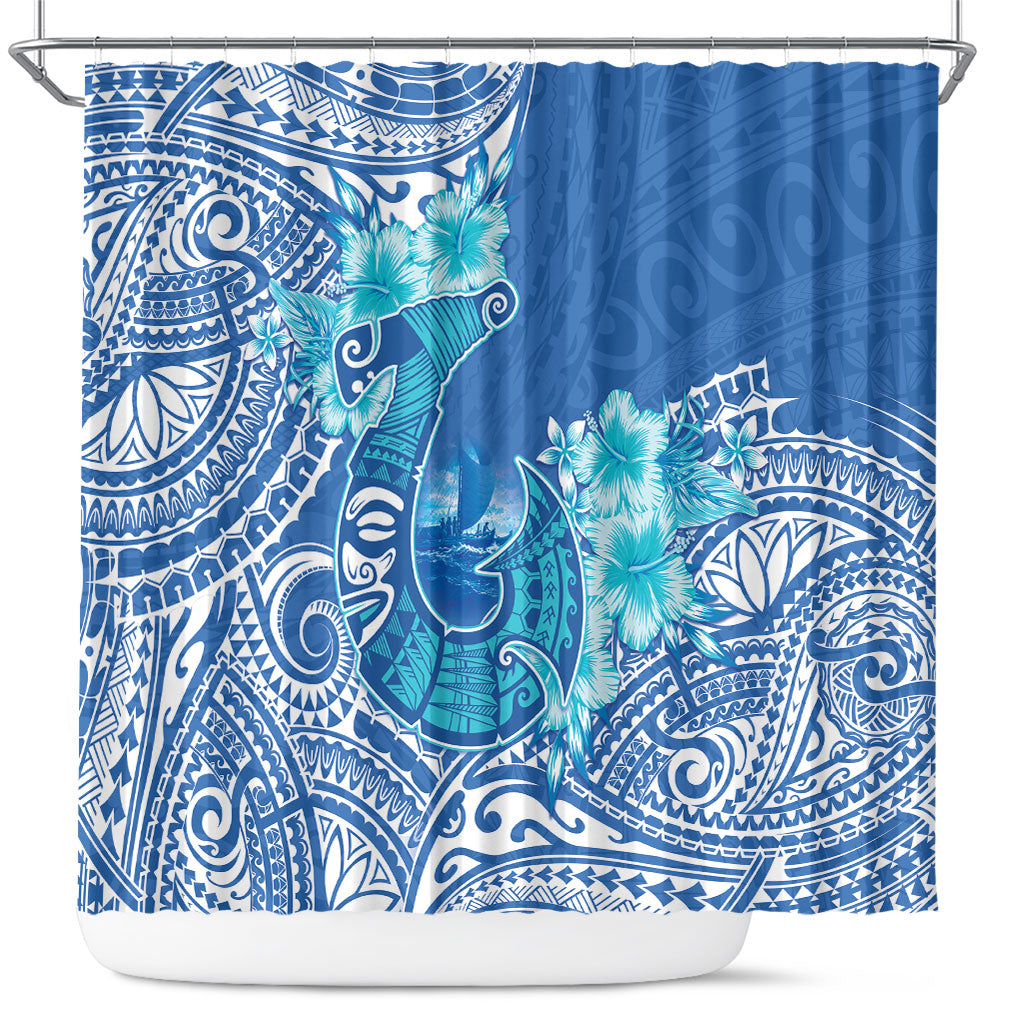 Hawaii Discoverers Day Shower Curtain Polynesian Fish Hook With Hibiscus Blue