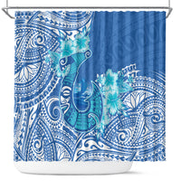Hawaii Discoverers Day Shower Curtain Polynesian Fish Hook With Hibiscus Blue