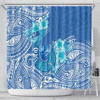 Hawaii Discoverers Day Shower Curtain Polynesian Fish Hook With Hibiscus Blue