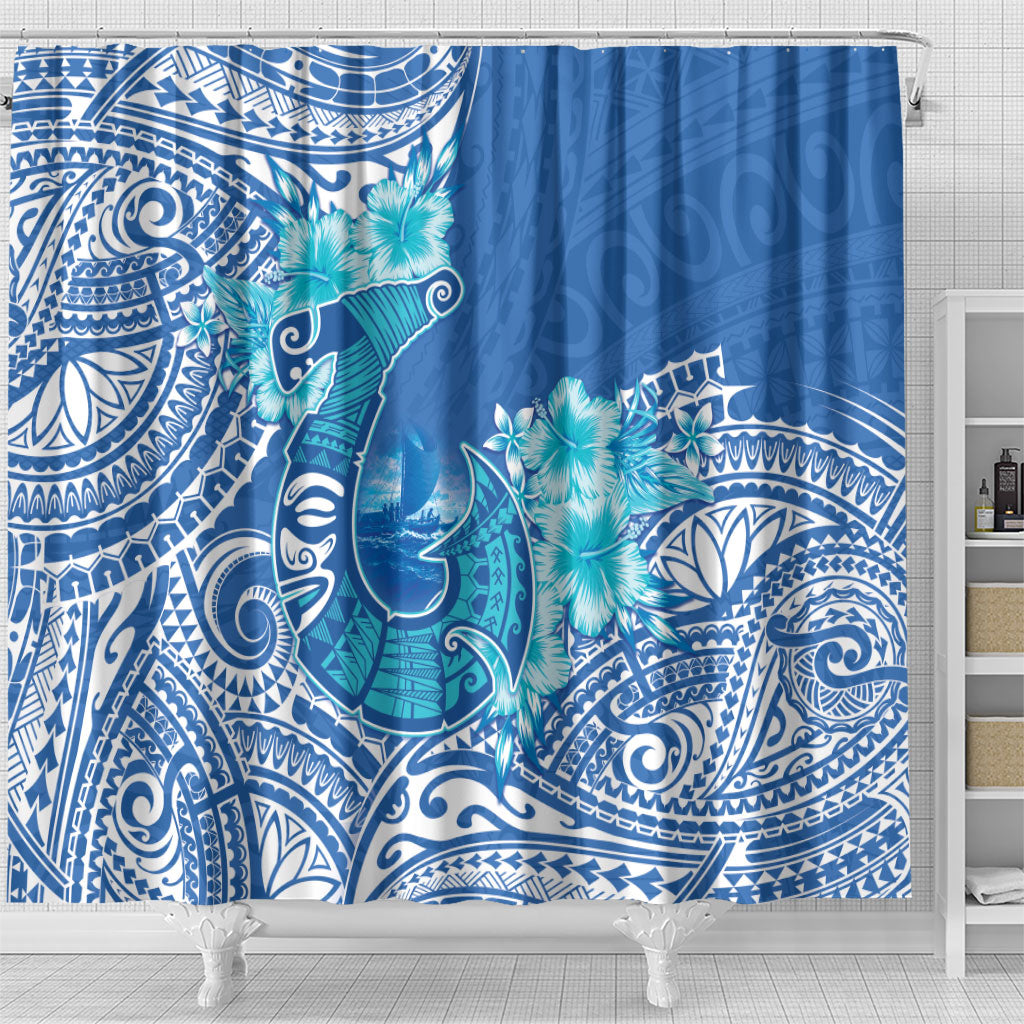 Hawaii Discoverers Day Shower Curtain Polynesian Fish Hook With Hibiscus Blue