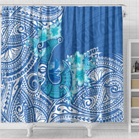 Hawaii Discoverers Day Shower Curtain Polynesian Fish Hook With Hibiscus Blue