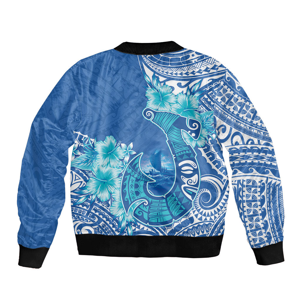 Hawaii Discoverers Day Sleeve Zip Bomber Jacket Polynesian Fish Hook With Hibiscus Blue