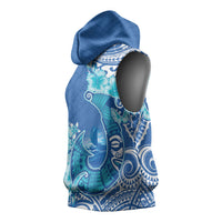 Hawaii Discoverers Day Sleeveless Hoodie Polynesian Fish Hook With Hibiscus Blue