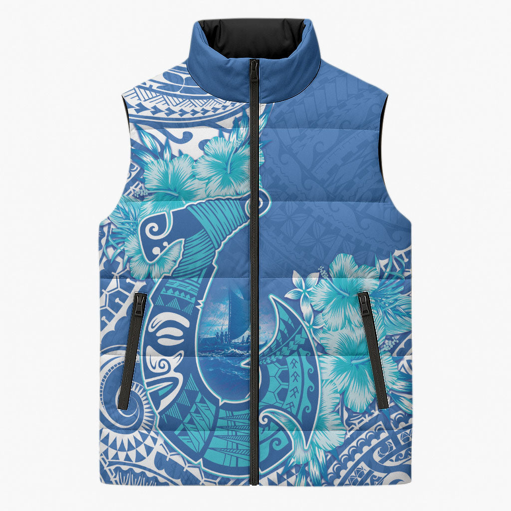Hawaii Discoverers Day Sleeveless Puffer Jacket Polynesian Fish Hook With Hibiscus Blue