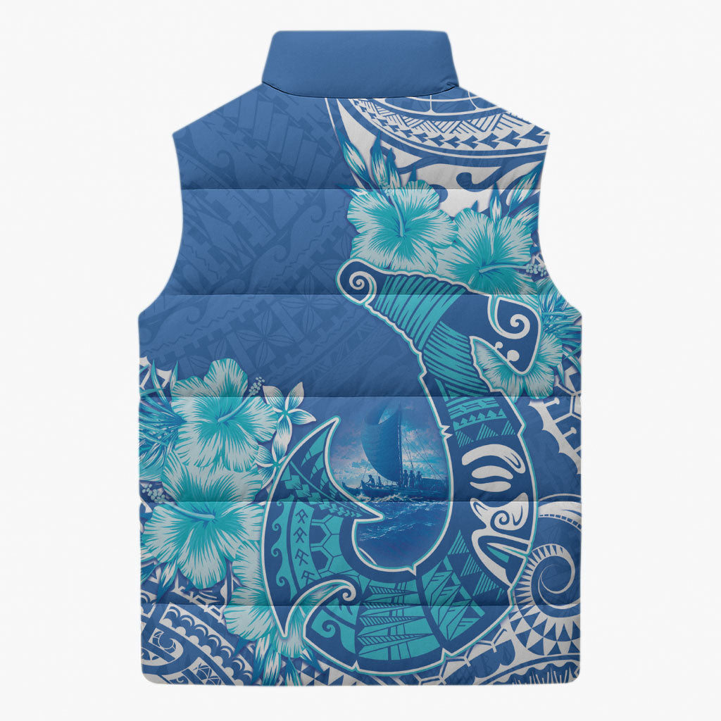 Hawaii Discoverers Day Sleeveless Puffer Jacket Polynesian Fish Hook With Hibiscus Blue