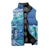 Hawaii Discoverers Day Sleeveless Puffer Jacket Polynesian Fish Hook With Hibiscus Blue