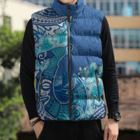 Hawaii Discoverers Day Sleeveless Puffer Jacket Polynesian Fish Hook With Hibiscus Blue