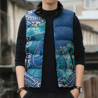 Hawaii Discoverers Day Sleeveless Puffer Jacket Polynesian Fish Hook With Hibiscus Blue