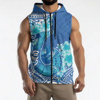Hawaii Discoverers Day Sleeveless Zip Hoodie Polynesian Fish Hook With Hibiscus Blue
