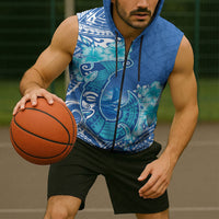 Hawaii Discoverers Day Sleeveless Zip Hoodie Polynesian Fish Hook With Hibiscus Blue