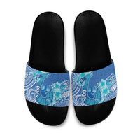 Hawaii Discoverers Day Slide Sandals Polynesian Fish Hook With Hibiscus Blue