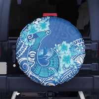 Hawaii Discoverers Day Spare Tire Cover Polynesian Fish Hook With Hibiscus Blue