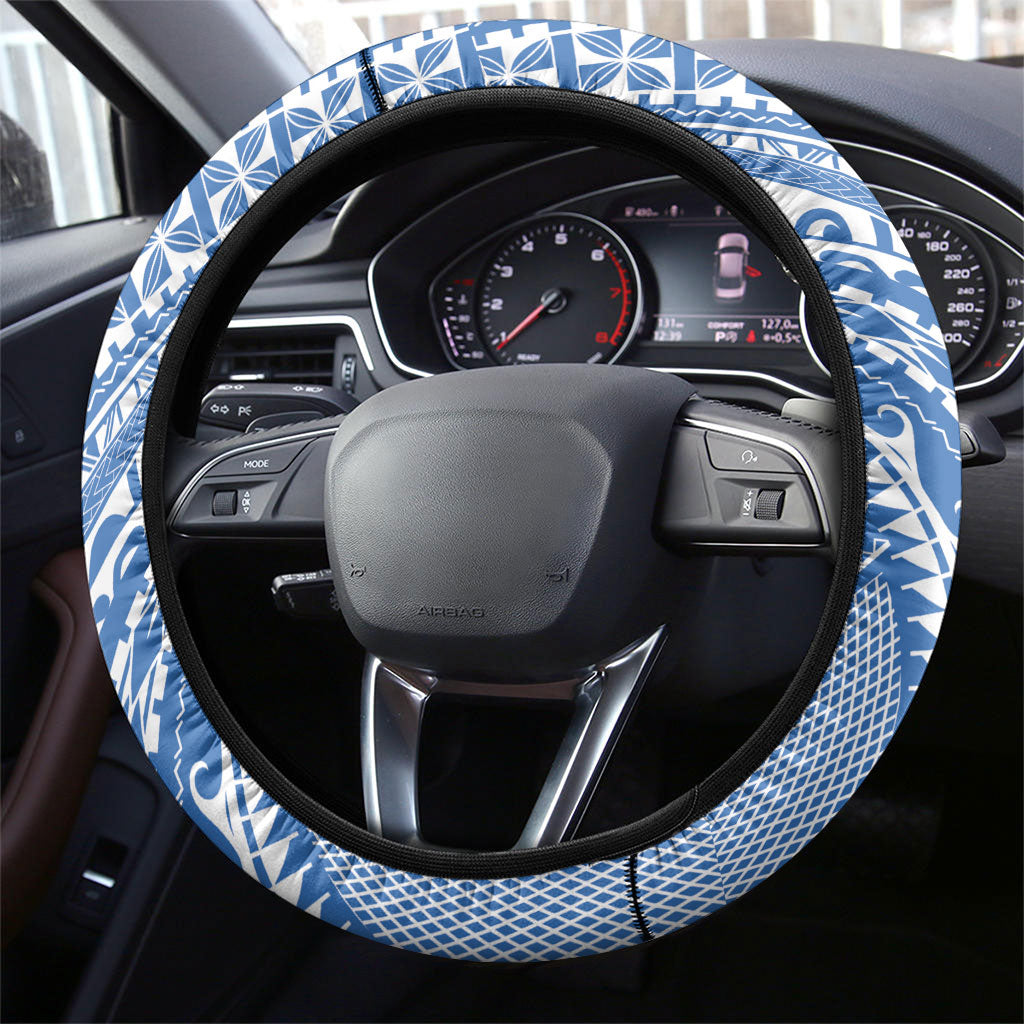 Hawaii Discoverers Day Steering Wheel Cover Polynesian Fish Hook With Hibiscus Blue