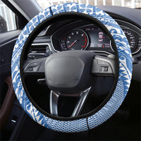 Hawaii Discoverers Day Steering Wheel Cover Polynesian Fish Hook With Hibiscus Blue