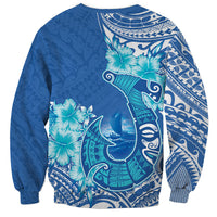Hawaii Discoverers Day Sweatshirt Polynesian Fish Hook With Hibiscus Blue