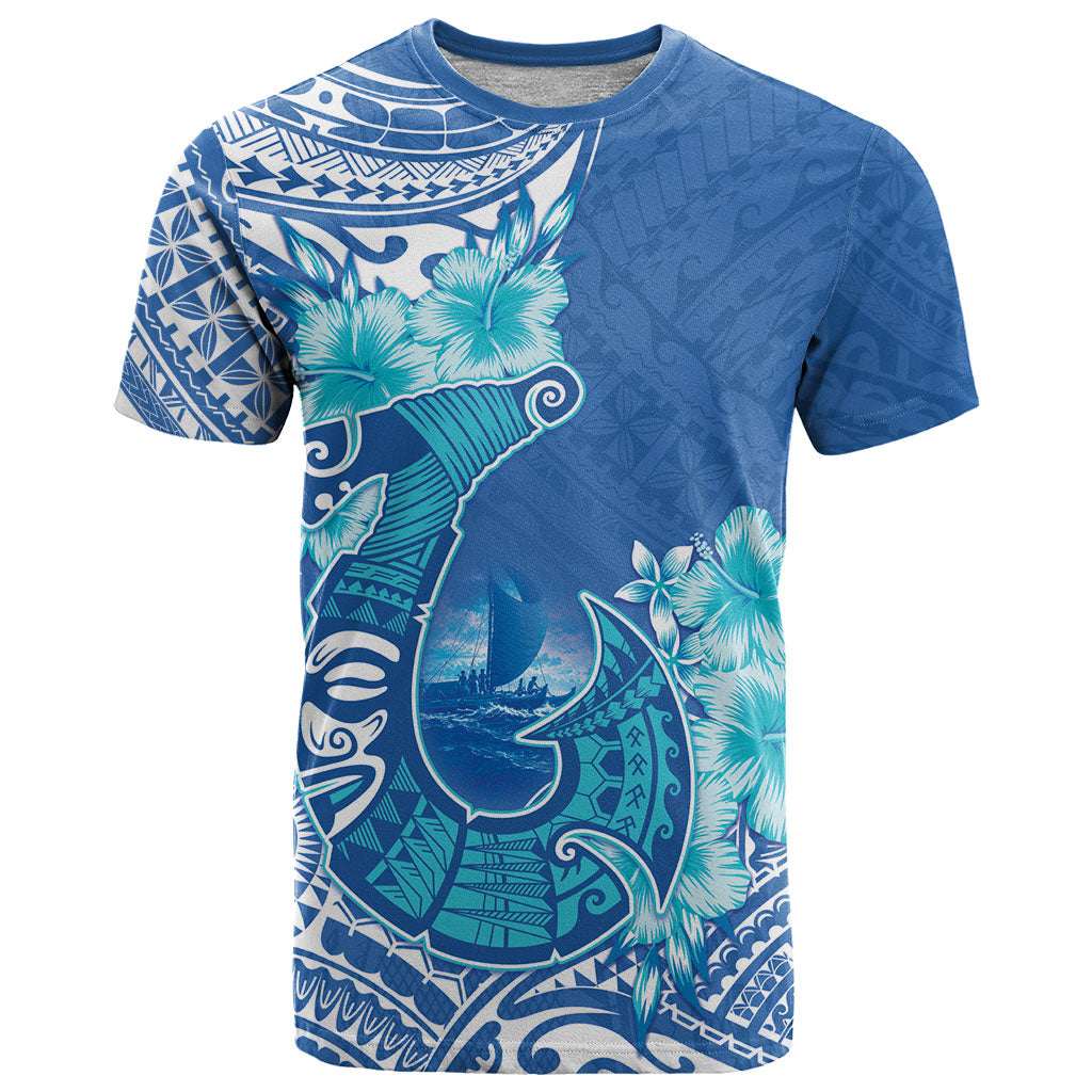 Hawaii Discoverers Day T Shirt Polynesian Fish Hook With Hibiscus Blue