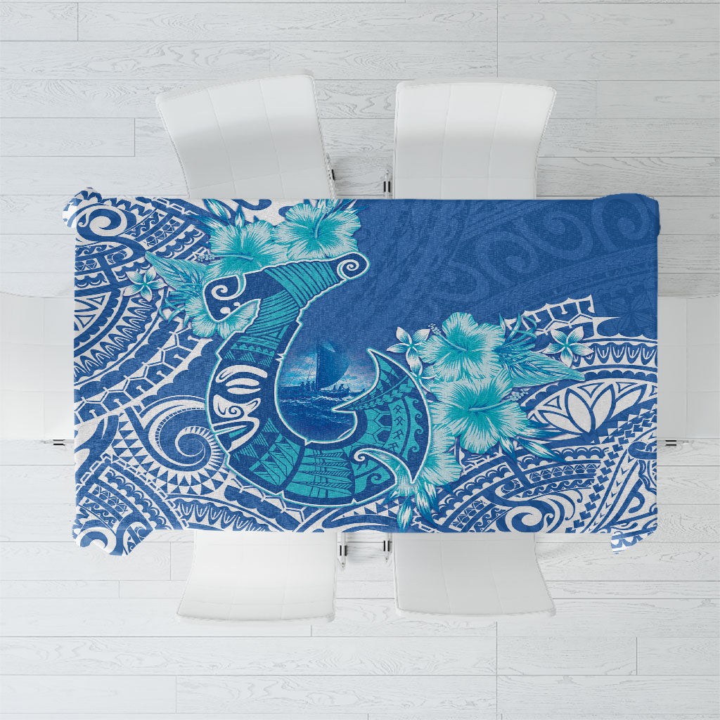 Hawaii Discoverers Day Tablecloth Polynesian Fish Hook With Hibiscus Blue LT05 Blue - Polynesian Pride