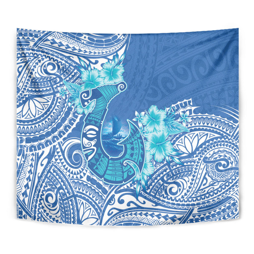 Hawaii Discoverers Day Tapestry Polynesian Fish Hook With Hibiscus Blue