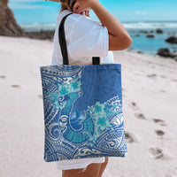 Hawaii Discoverers Day Tote Bag Polynesian Fish Hook With Hibiscus Blue