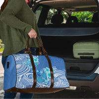 Hawaii Discoverers Day Travel Bag Polynesian Fish Hook With Hibiscus Blue