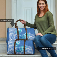 Hawaii Discoverers Day Travel Bag Polynesian Fish Hook With Hibiscus Blue