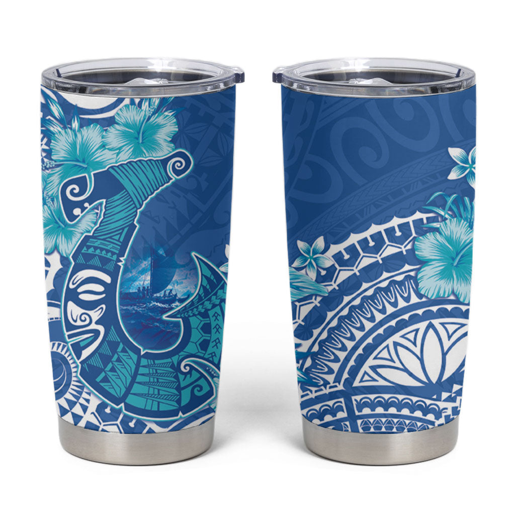 Hawaii Discoverers Day Tumbler Cup Polynesian Fish Hook With Hibiscus Blue