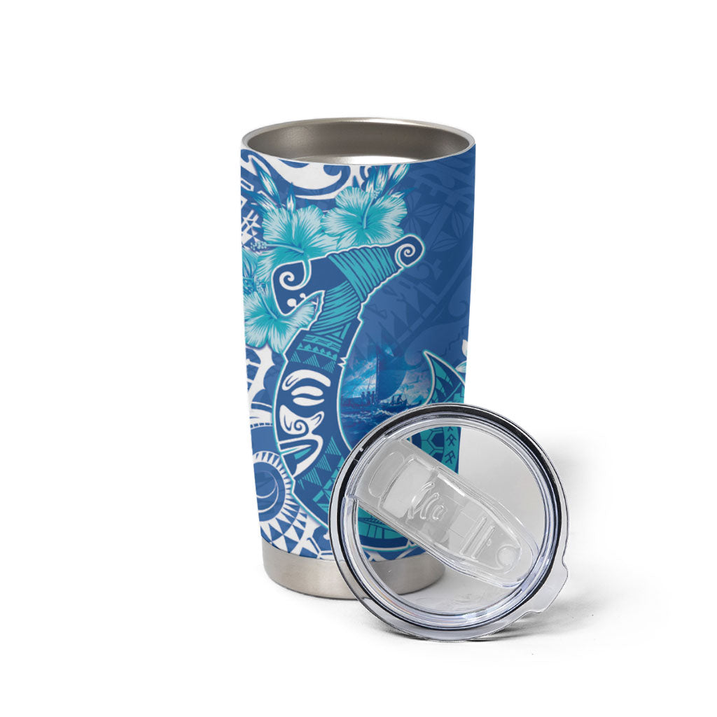 Hawaii Discoverers Day Tumbler Cup Polynesian Fish Hook With Hibiscus Blue