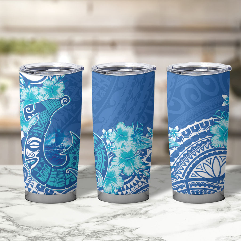 Hawaii Discoverers Day Tumbler Cup Polynesian Fish Hook With Hibiscus Blue
