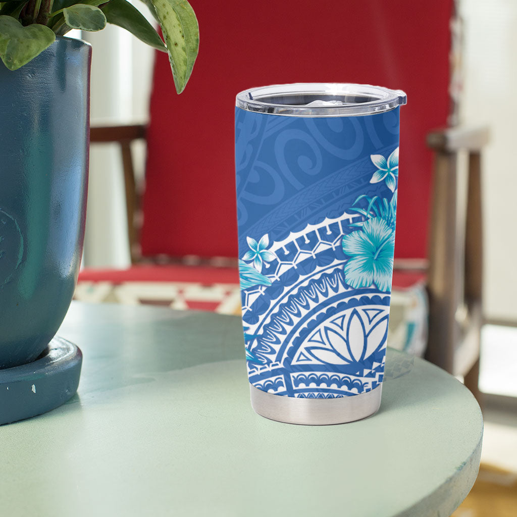 Hawaii Discoverers Day Tumbler Cup Polynesian Fish Hook With Hibiscus Blue
