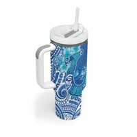 Hawaii Discoverers Day Tumbler With Handle Polynesian Fish Hook With Hibiscus Blue