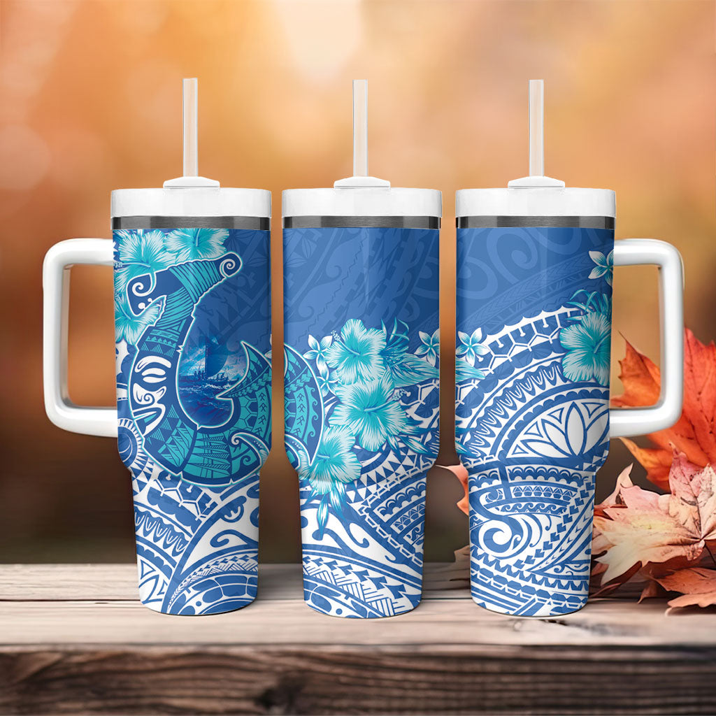 Hawaii Discoverers Day Tumbler With Handle Polynesian Fish Hook With Hibiscus Blue