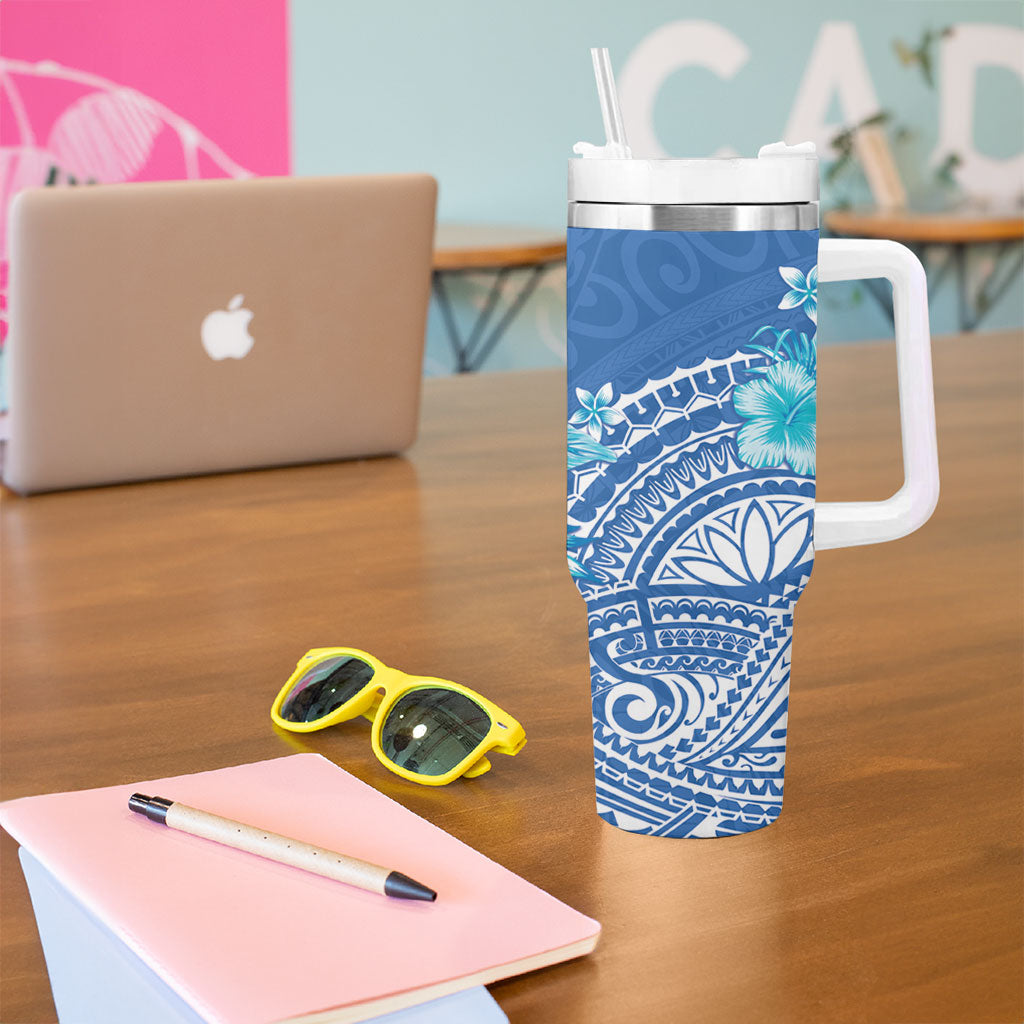 Hawaii Discoverers Day Tumbler With Handle Polynesian Fish Hook With Hibiscus Blue